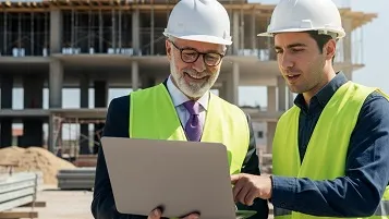 Arquitecto cotizando seguro en una obra en construcción desde una notebook